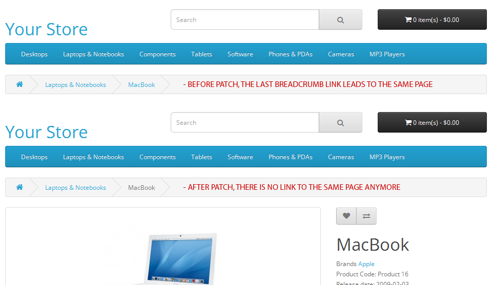 OpenCart Fix Breadcrumbs remove circular reference from breadcrumbs